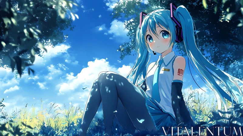 Serene Anime Girl Sitting Outdoors AI Image