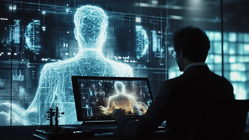 Man Interacting with Holographic Humanoid Display