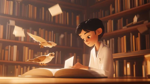 Cartoon Boy in Library with Birds