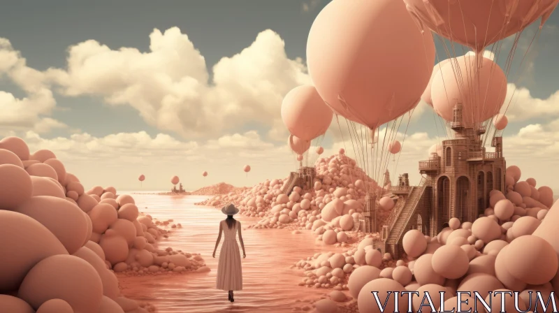 Surreal 3D Landscape with Woman and Pink Balloons AI Image