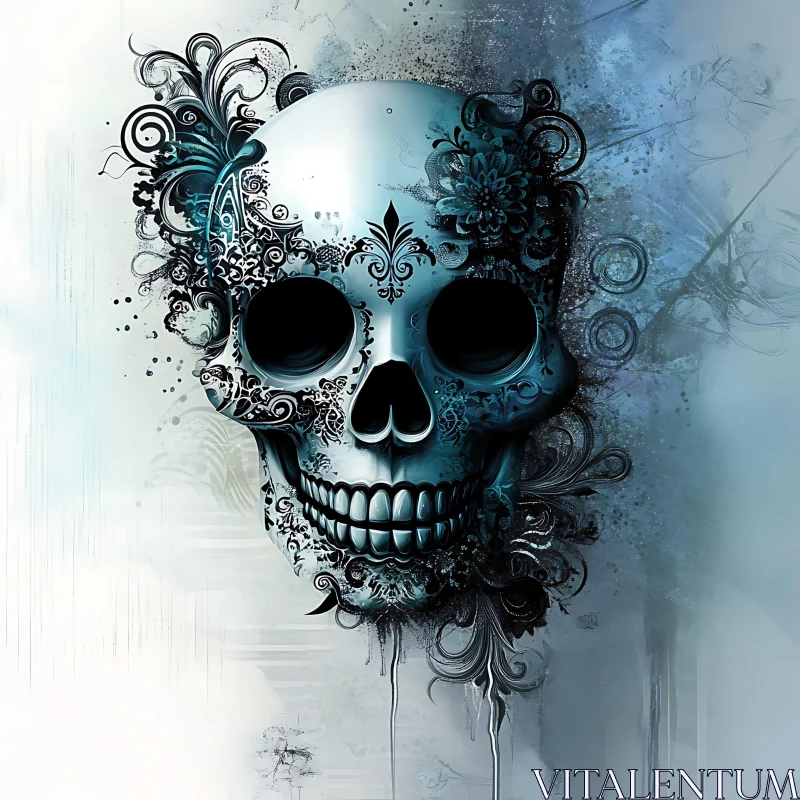 Blue Floral Skull with Ornamental Details AI Image