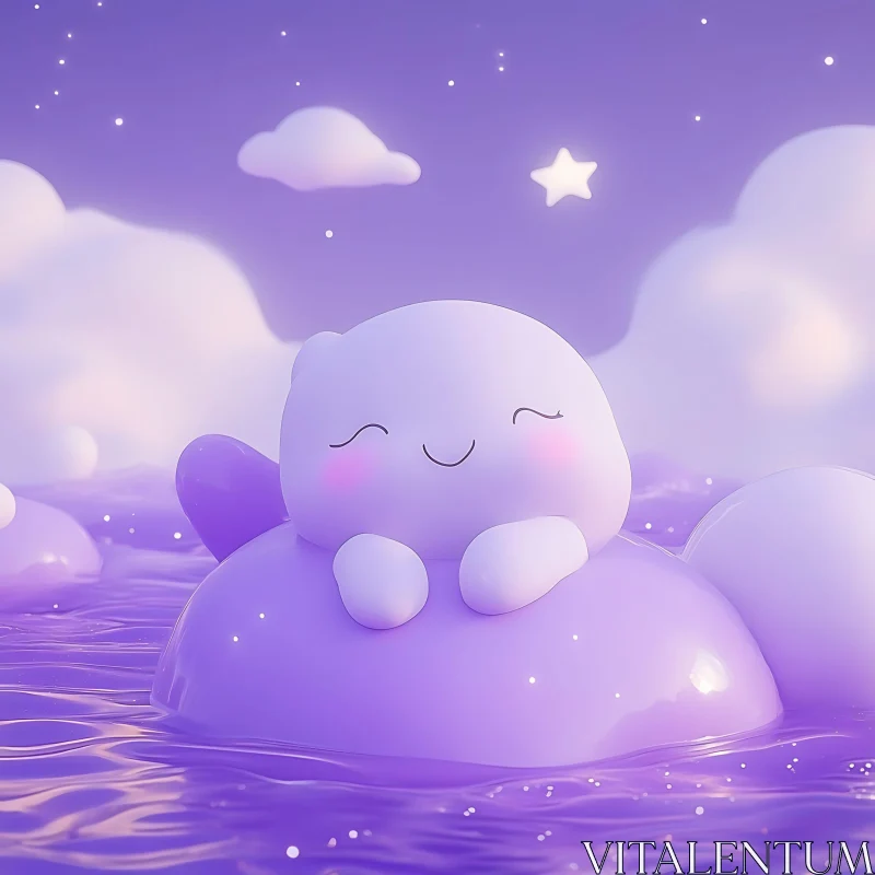 Cute Smiling Creature in a Purple Night Sky AI Image