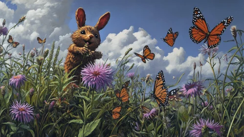 Whimsical Bunny and Monarch Butterflies Art