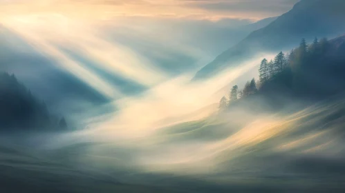 Sunlight Rays Through Mist in a Tranquil Valley