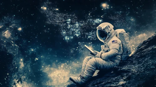 Lone Astronaut with Tablet on Distant Planet