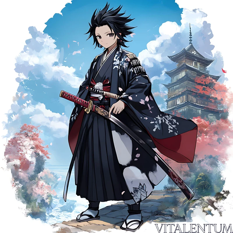 Traditional Samurai Anime Art with Cherry Blossoms AI Image