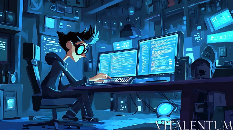 Blue-Toned Programmer at Work Illustration AI Image