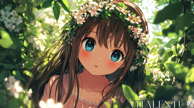 Anime Girl with Blue Eyes in Floral Wreath AI Image