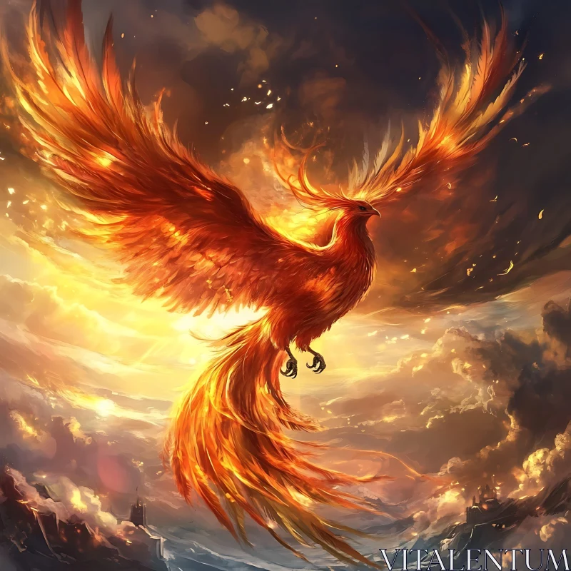 Mythical Phoenix Bird Soaring in Flames AI Image