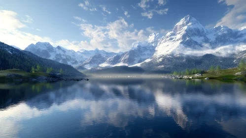 Snowy Mountains Reflected in Calm Lake