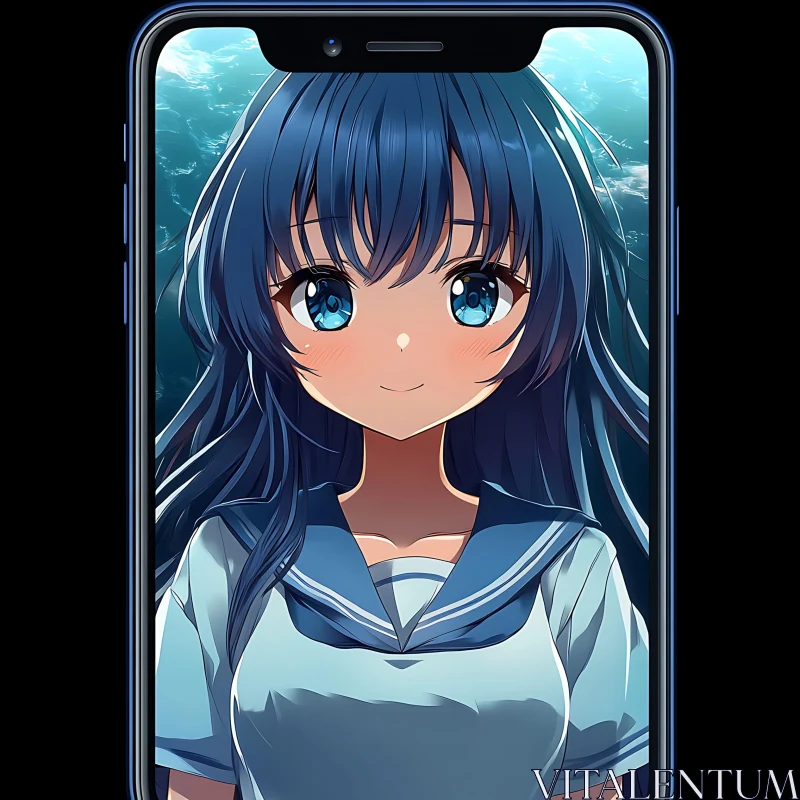 Cute Anime Girl on Smartphone Screen AI Image