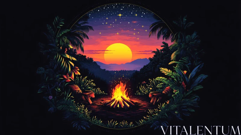 AI ART Tranquil Sunset Around Campfire in a Tropical Setting