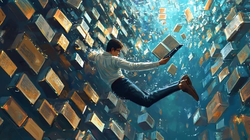 Man Reading Among Floating Books