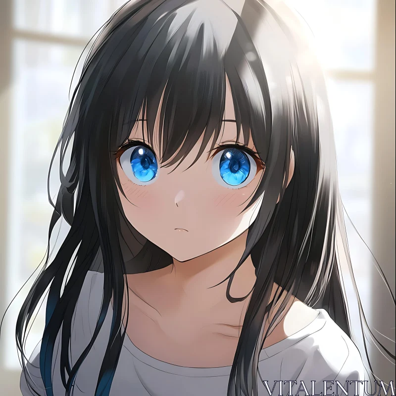 Serene Anime Portrait of Girl with Blue Eyes AI Image