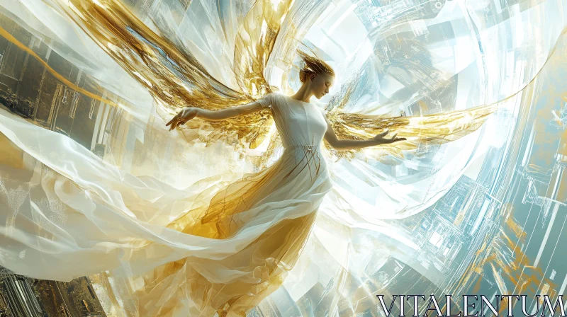 Heavenly Angel in Graceful Flight with Golden Wings AI Image