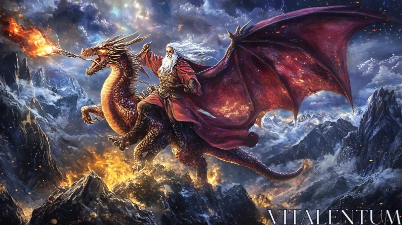 AI ART Fantasy Flight: Wizard on Dragon's Back