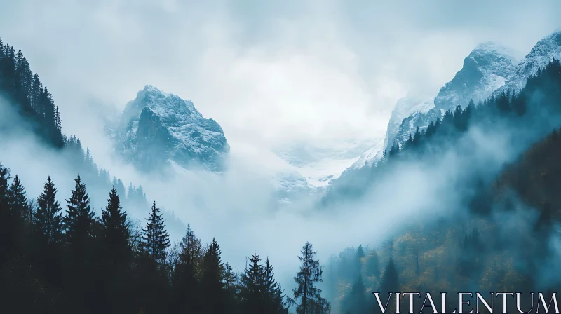 Snowy Peaks in the Foggy Mountains AI Image