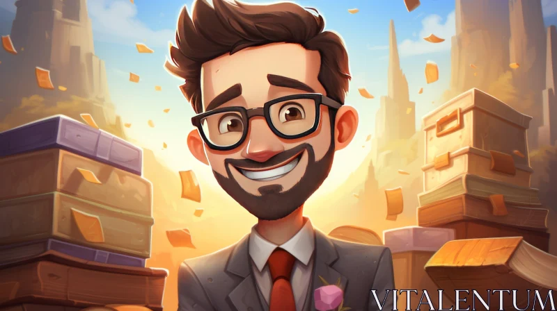 AI ART Cartoon Man with Glasses in a Book-Filled Cityscape - 2D Game Art