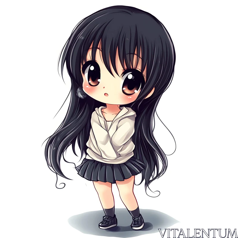 Adorable Chibi Girl in White Shirt & Black Skirt AI Image