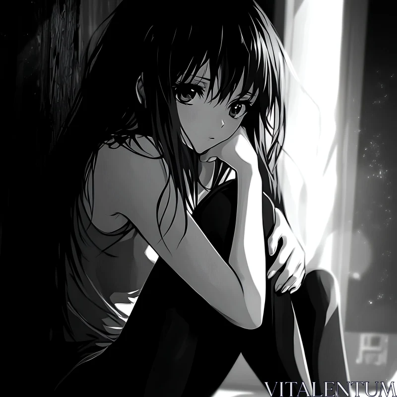 Emotional Anime Girl in Black and White AI Image