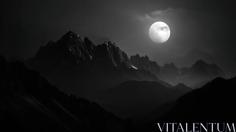 AI ART Monochromatic Mountain Range Under Full Moon