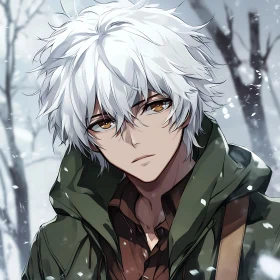 White-Haired Anime Character in Winter Wonderland