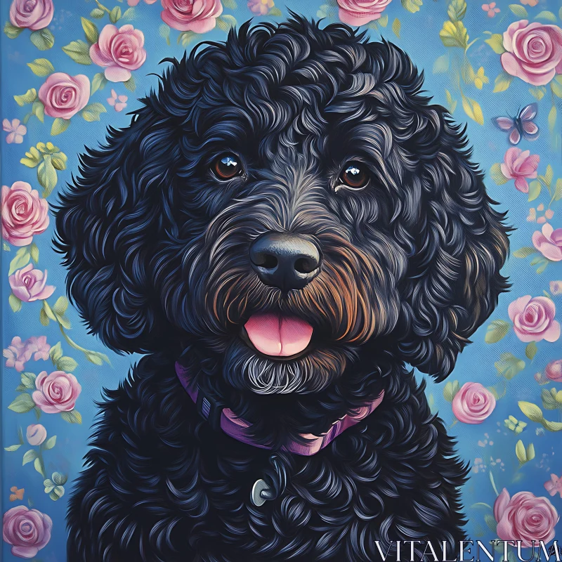 Curly Black Dog with Floral Background AI Image