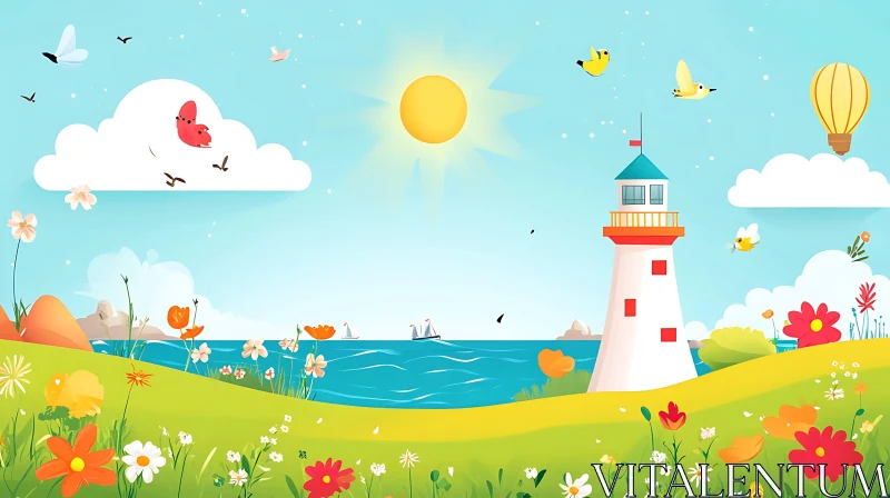 Scenic Cartoon Landscape with Lighthouse AI Image