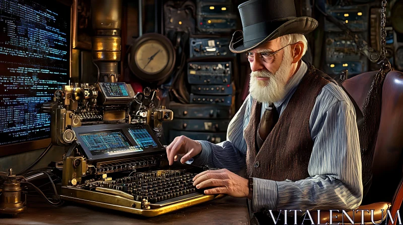 AI ART Old Man Coding on Steampunk Computer