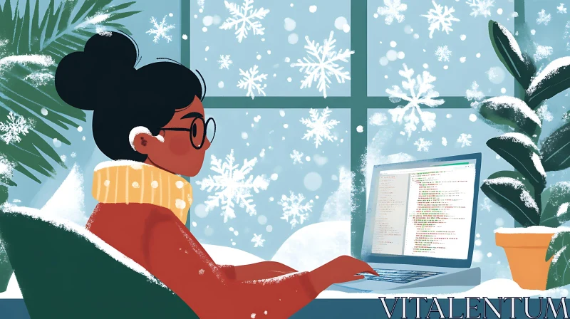 AI ART Cozy Winter Work: Woman and Laptop