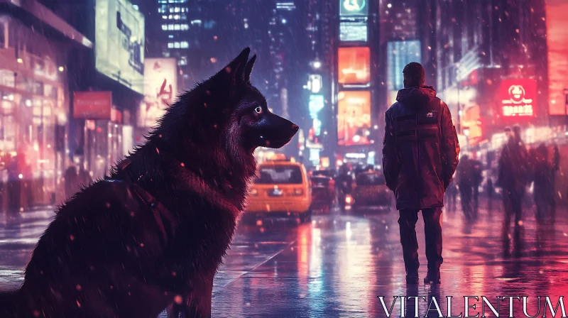 Dog and Man in Neon-Lit Rainy Cityscape AI Image