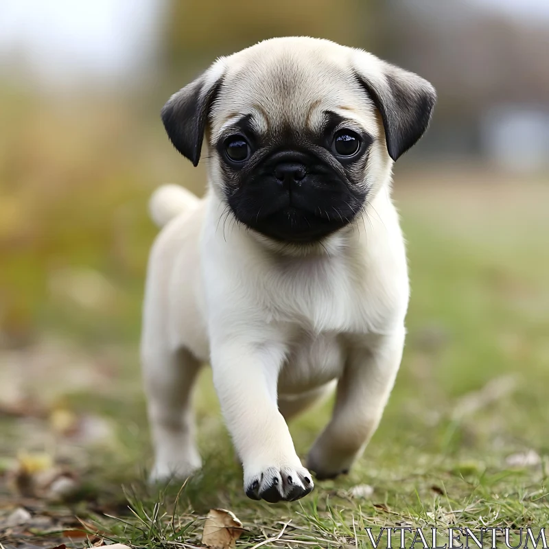 Charming Pug Puppy Strolling on Grass AI Image