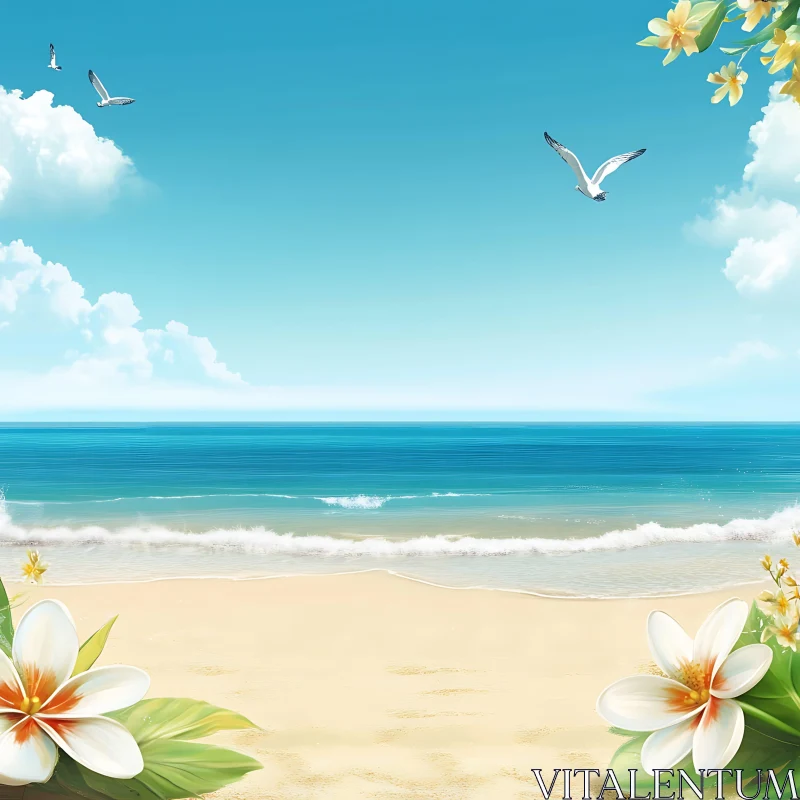 AI ART Tropical Beach Scene with White Flowers