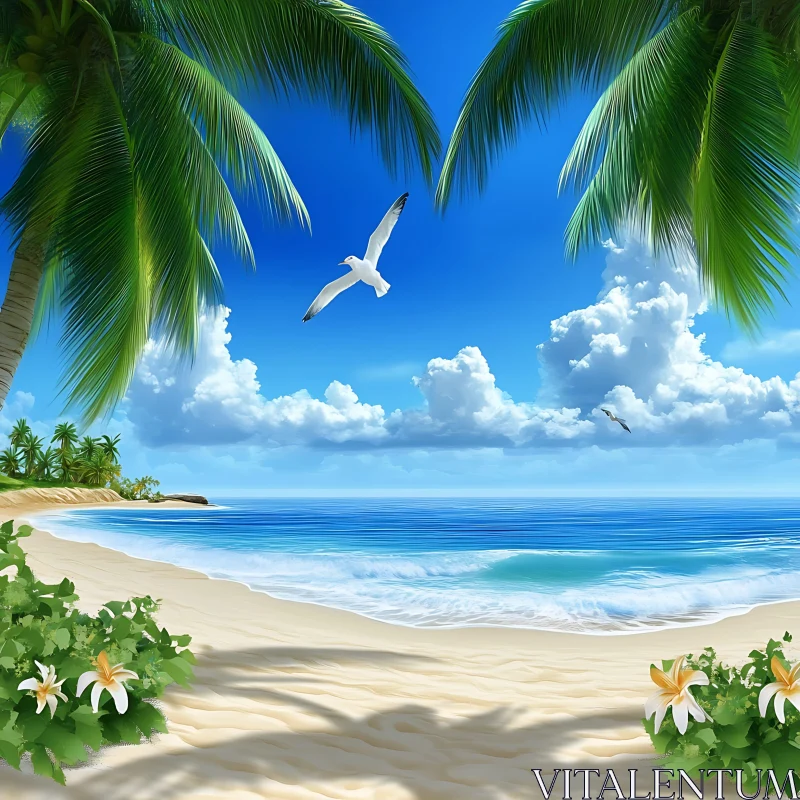 AI ART Seagull Flying Over Tropical Beach