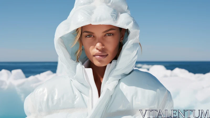 Serene Beauty: A Young Woman in a White Puffer Jacket Amidst the Ocean AI Image