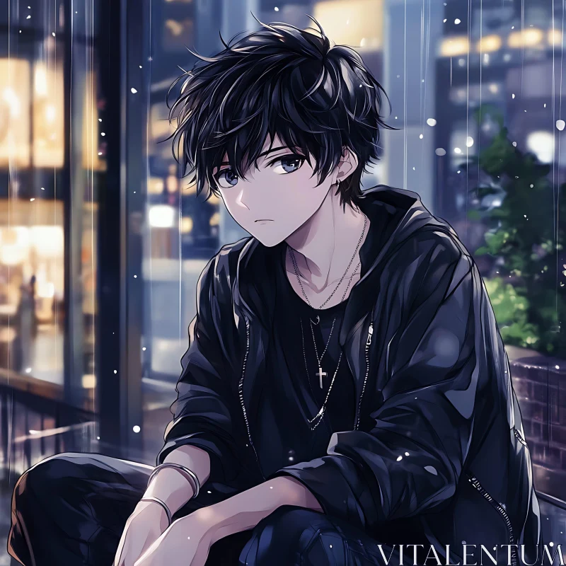 Melancholic Anime Character on a Rainy Night AI Image