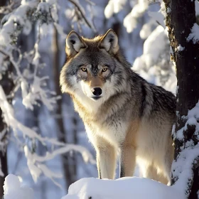 Winter Wolf Portrait in Snowy Woods