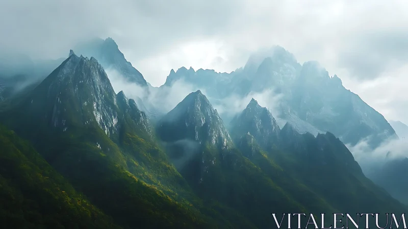 AI ART Cloud-Veiled Mountains Green Slopes