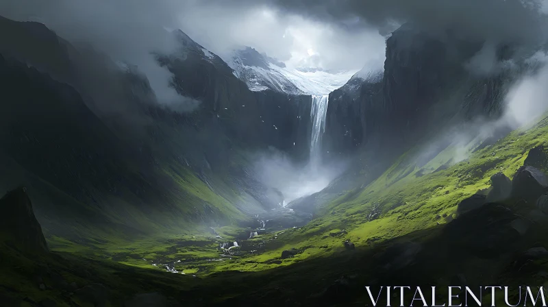 AI ART Green Valley Waterfall Scenery