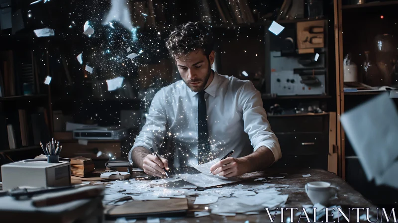 Man Writing with Magical Sparkles AI Image