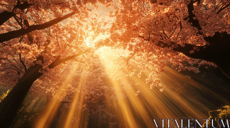 Golden Rays and Pink Blossoms AI Image