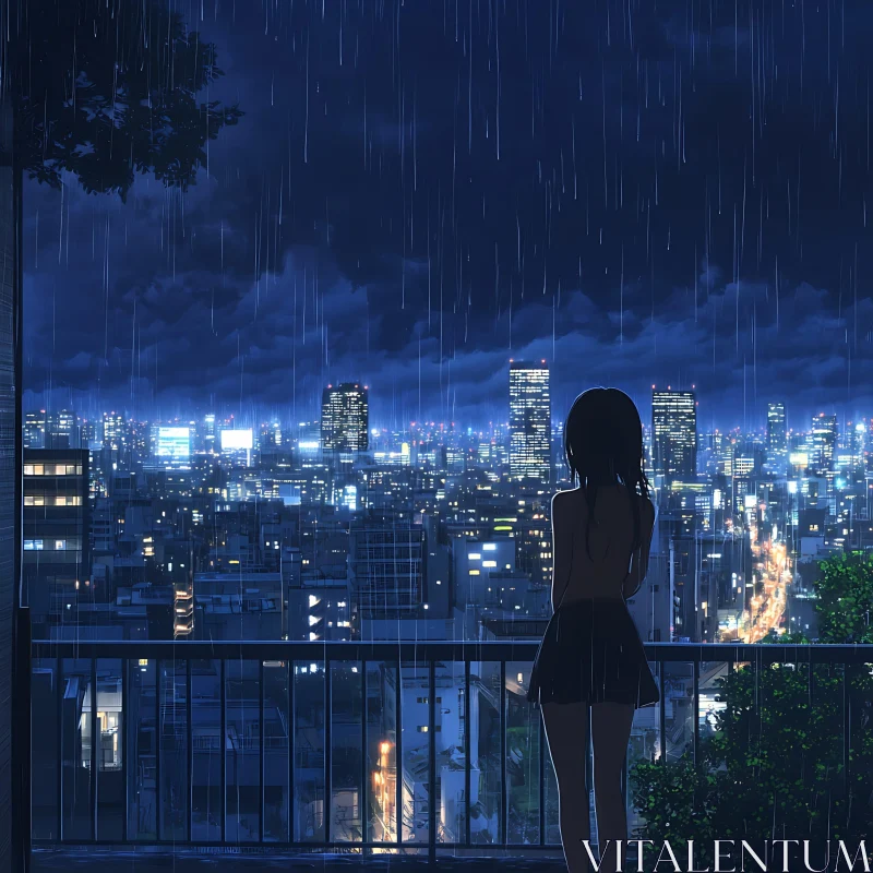 Rainy Night City View with Girl on Balcony AI Image