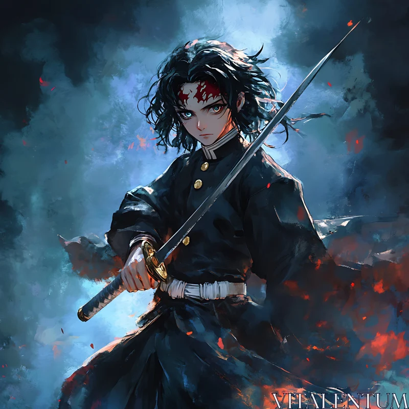 Intense Anime Samurai with Sword AI Image