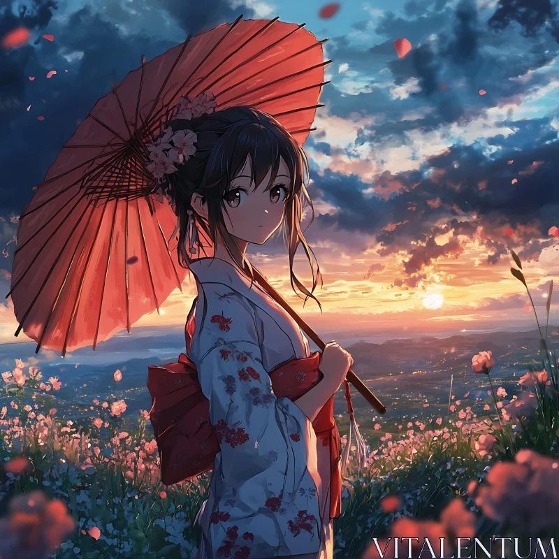 AI ART Sunset Scene with Anime Woman in Kimono