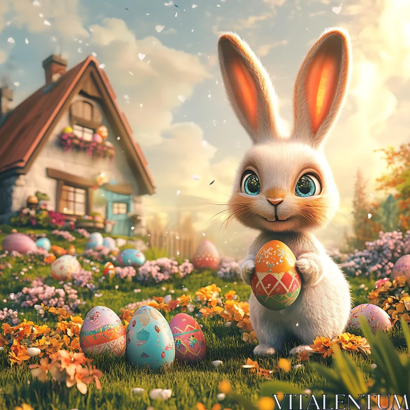 Cute Easter Bunny in a Flower Meadow AI Image