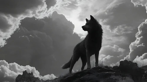 Monochrome Wolf Portrait with Clouds