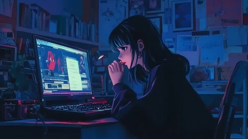 Anime Girl Immersed in Work on Computer