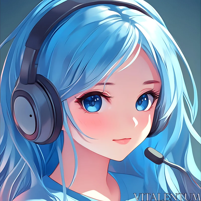 Blue-Haired Anime Character with Headphones AI Image