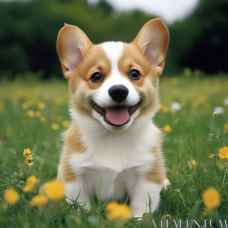 Corgi Puppy Surrounded by Yellow Flowers AI Image