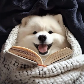 Fluffy Dog with Open Book and Blanket